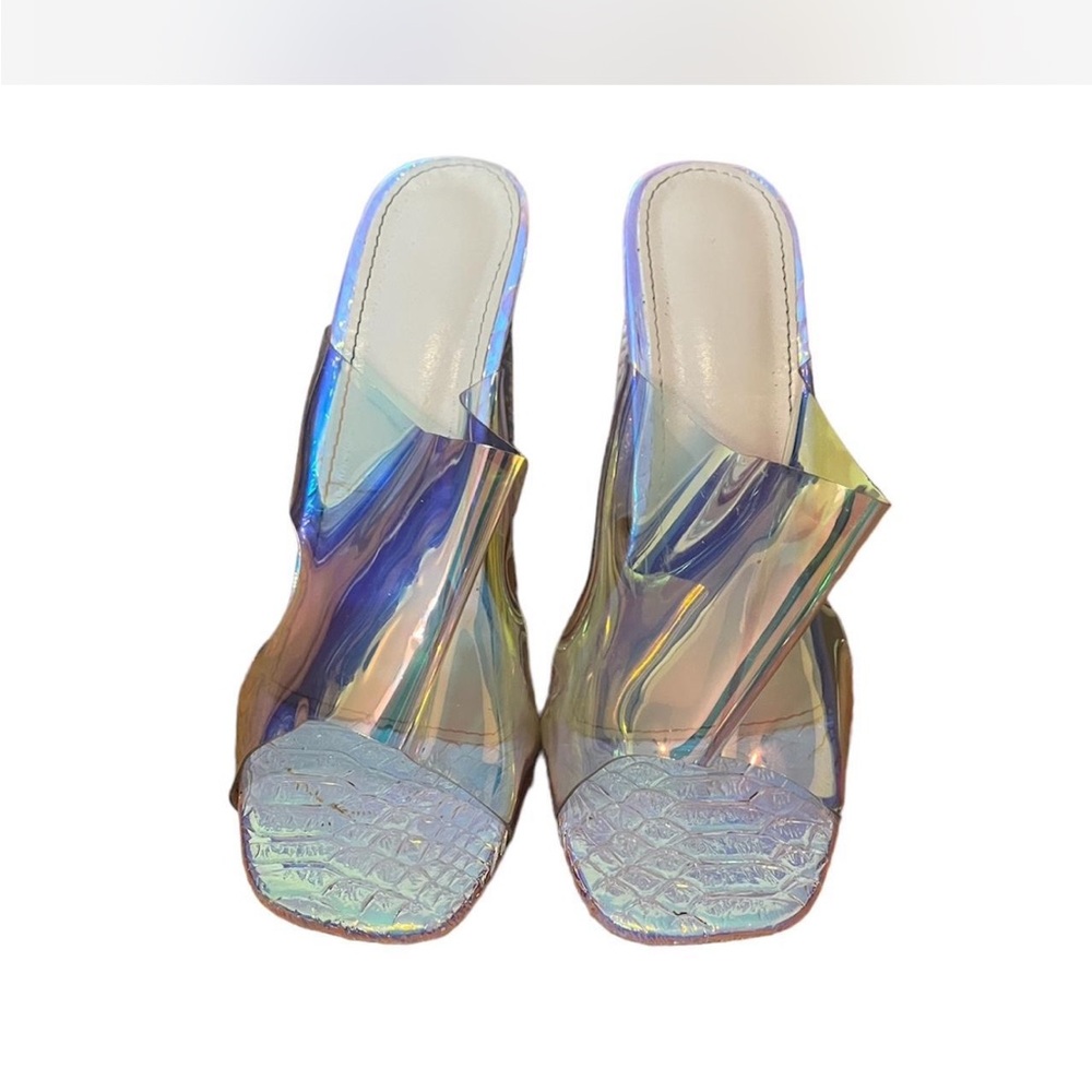 Holographic Block Heel Mules